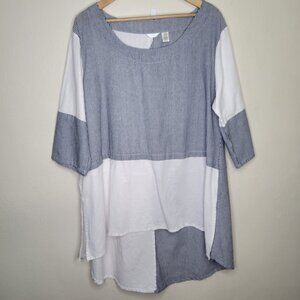KAKTUS Color Block Stiped Linen Cotton Tunic Top Lagenlook Size M